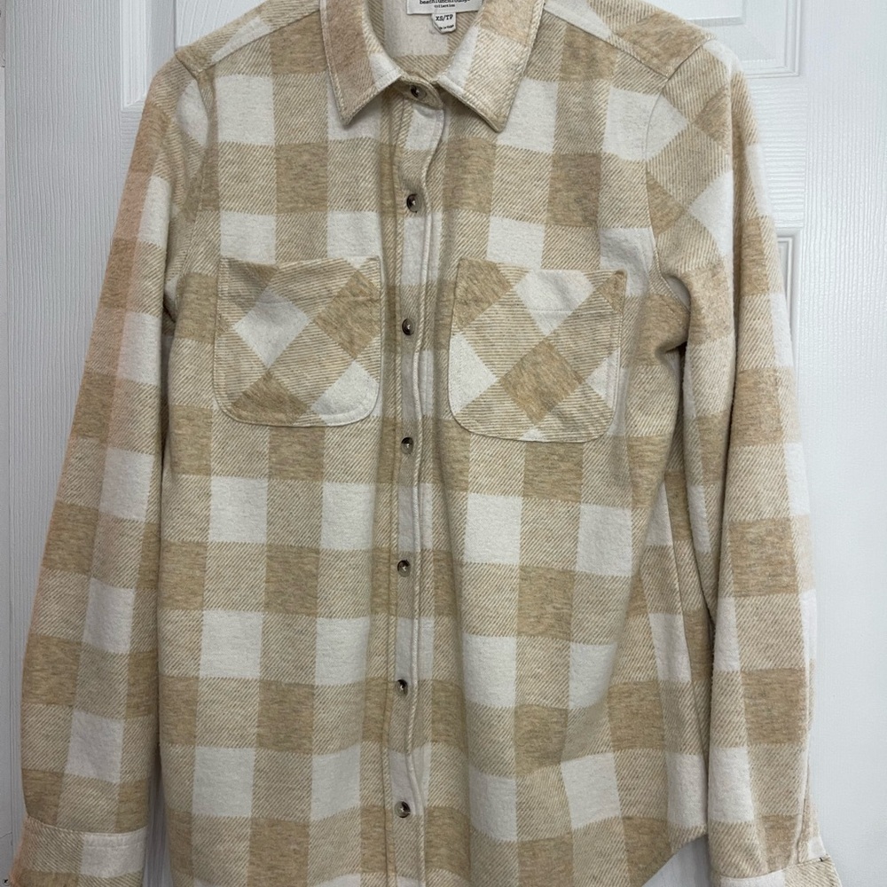 Beachlunchlounge Tan and White Boxy Button Down Shirt